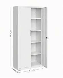 Meuble de Rangement Bureau, en Acier, Placard, 5 Niveaux,40 x 80 x 180 cm, Doubles Portes, Serrure, Armoire à Outils, Étagères Réglables, pour Garage, Bureau, Blanc Mat - Blanc - Voir 5