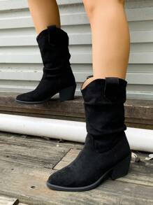 Bottes mi-mollet à talon compensé épais pour femmes, nouveauté 2025. Bottes fuselées vintage plissées, bottes d'équitation grande taille, bottes hautes à bout pointu et talon haut, bottes style western