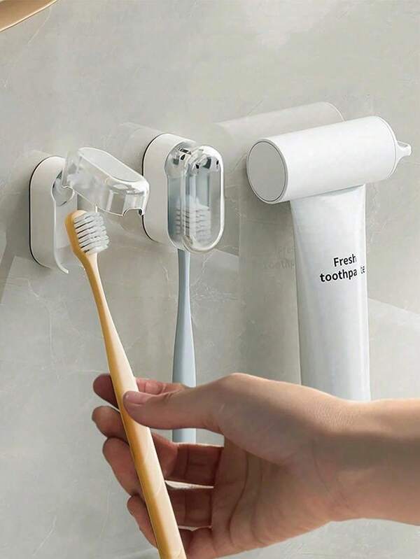 1 pieza Soporte para cepillo de dientes de baño para uso doméstico, colgador de cepillo de dientes minimalista montado en la pared sin perforación, con tapa de cierre automático, estante de almacenamiento de cepillos de dientes, organizador portátil y simple para el baño, organizador de cepillo de dientes a prueba de polvo con tapa para la decoración del baño en verano