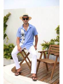 Men's Short Sleeve Button Up Hawaiian Shirt 1950s Vintage Bowling Shirts-20256688 - 夏威夷-淺藍色 - 查看 6