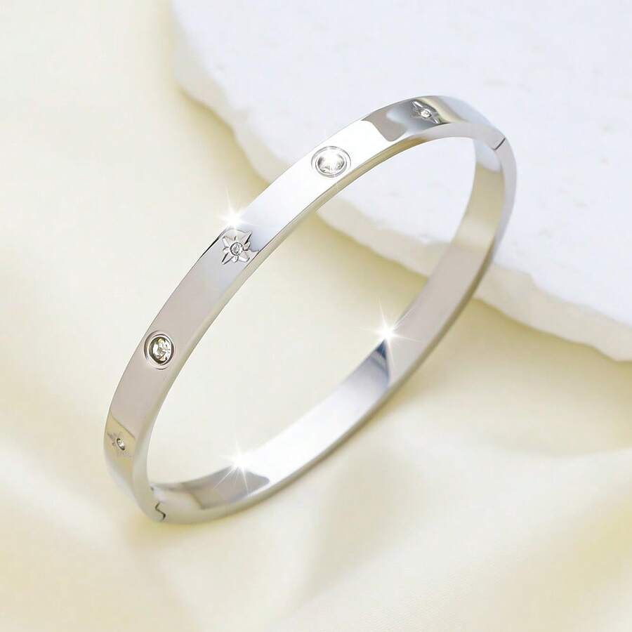 1pc Fashionable Minimalist Octagonal Pattern Zirconia Open Stainless Steel Bracelet Women's Set, Suitable For Daily Wear And As A Gift For Friends - Silver - View 1