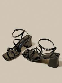 Sandalias de tacón con plataforma y tiras cruzadas en X negro con puntera abierta para mujer, sandalias de tacón alto tipo gladiador con cordones para el verano