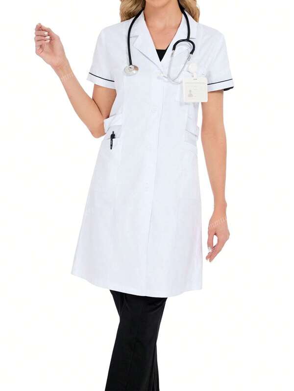 女式短袖翻领撞色腰部可调节瘦身口袋手术服护士制服套装，适用于牙医保健、宠物医院、实验室的工作服