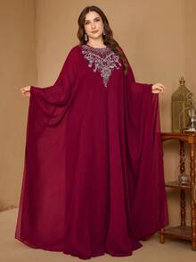 SUPGIR Plus Women's Round-Neck Cape Sleeve Sequin Beads Patchwork Ruched Chiffon Evening Drees - Burgundy - View 6