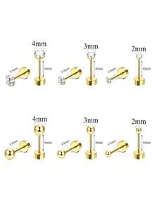 6 Cặp bông tai đinh tán tròn bằng thép không gỉ Zirconia trong suốt dành cho phụ nữ, Bộ bông tai sụn Tragus Daith hình quả bóng nhỏ thời trang dành cho bé gái Quà tặng trang sức - Vàng - Xem 2