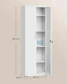 Meuble de Rangement Bureau, en Acier, Placard, 5 Niveaux, 40 x 60 x 180 / 40 x 80 x 180 cm, Doubles Portes, Serrure, Armoire à Outils, Étagères Réglables, pour Garage, Bureau, Gris Mat - Gris pâle - Voir 6
