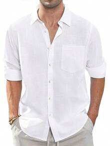 Men's Linen Shirts Casual Button Down Long Sleeve Shirt Solid Spread Collar Summer Beach Shirts With Pockethalloween - trắng - Xem 2