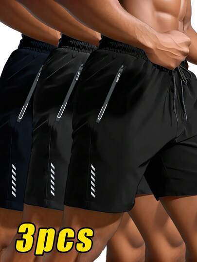 3pcs/Pack Men's Summer New Sports Shorts, Casual Fitness Shorts, Knit Fabric, With Zipper Pockets, Drawstring Waist, Basketball Shorts, Elastic Lightweight Athletic Pants, Suitable For Basketball, Baseball, Fitness, Running, Training, Sports, Outdoor Activities