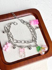 1 peça de pulseira com pingentes de urso de dopamina, com decoração de cereja e dupla camada, para mulheres, adequada para férias, festas, uso diário, acessório de pulseira com corrente de resina e metal