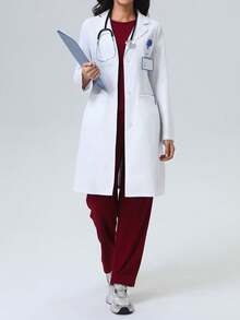 女士长袖口袋实验服/工作服/工作服，适用于护士、牙医、医疗保健人员、宠物医院、实验室，春季白色 - 白色 - 查看 3