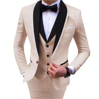 男士修身披肩领单排扣西装三件套，包含马甲和西裤，新郎婚礼礼服及伴郎正式服装