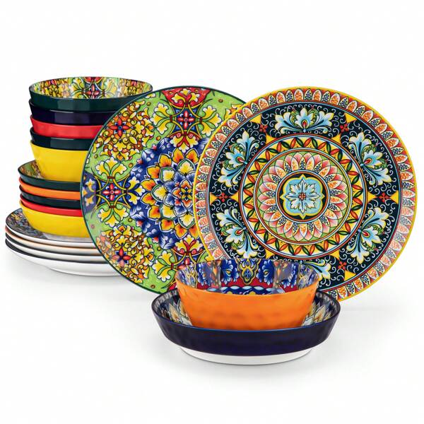 vancasso 18 Pcs Porcelain Dinnerware Set, Dinner Plate, Soup Plate And Bowl Set For 6 Person, Multicolour Set, Ceramic Stamping, Bohemian Style, Dark Green, Green, Yellow, Red, Blue And Orange