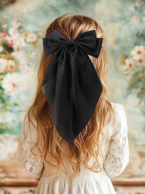 1Pc Black Hair Bow Large Hair Barrette With Long Tail Cute Bowknot Elegant Bow Hair Clip Hair Ribbon Silk Satin Hair Accessory For Girls Teens Daily Wear Outing Decor Suitable For Many Occasion