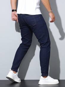 1 pieza Jeans de ajuste ceñido y elástico para hombres, pantalones casuales estilo coreano ajustados
