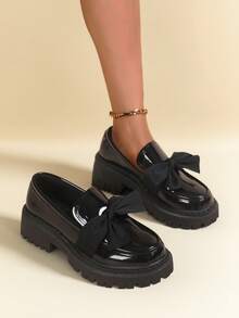 Girl S Retro Bow Flat Shoes - Breathable Loafers With Thick Cushioned Sole, Round Toe Comfortable Flats In Black.