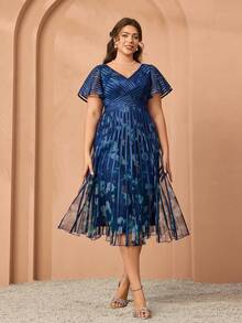 Mgiacy, nuevo lanzamiento, vestido de noche elegante con escote en V, malla estampada, mangas cortas, lazo, vuelo amplio, para cena o fiesta