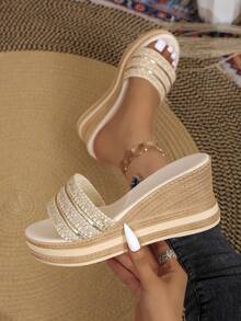 Fashionable Thick Sole Platform Wedge Women's Sandals, Woven Slip-On Ladies Casual Outdoor Slippers - Beige - View 1