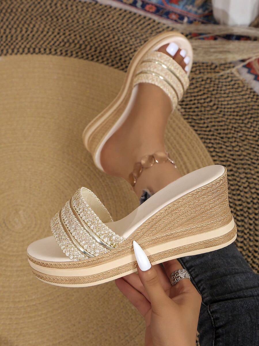 Fashionable Thick Sole Platform Wedge Women's Sandals, Woven Slip-On Ladies Casual Outdoor Slippers - Beige - View 1