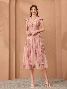 Mgiacy、新品、V领、肩袖、印花网眼、领带、大摆、高端晚礼服、适合、晚宴 - 粉色 - 查看 4