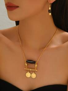 3 件套天然玛瑙复古硬币流苏项链和耳环套装，适合派对、宴会、节日 - 彩色 - 查看 1