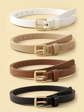 4pcs Women Square Metallic Buckle Solid Leather Belt, Classic Vintage Casual Waist Belt For S Fall, Autumn, Halloween