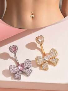 1 pieza Anillo de ombligo de joyería para perforación con lazo en color plata, dorado y rosa, de acero inoxidable con colgante flotante en forma de lazo, joyería corporal sexy para verano y playa, accesorio de joyas de ombligo