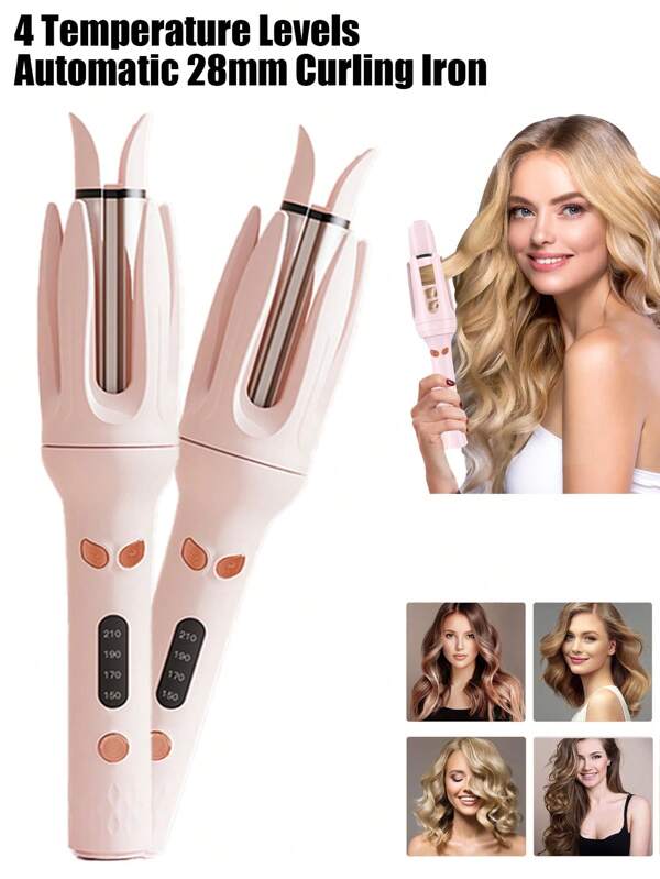 Automatic Curling Iron,Four Temperature Levels Can Be Selected,Rotating Curling Iron,Diameter 28mm, Rotating Curling Wand For Hair Styling, Light Pink