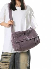 复古极简翻盖单肩包加厚水洗帆布包休闲百搭大容量美式斜挎包学院大学生学校背包短途旅行包简约街头风多口袋 - 紫色 - 查看 4