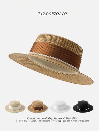 1 件女士时尚串珠平顶太阳帽，春夏季防紫外线，欧式高顶礼帽