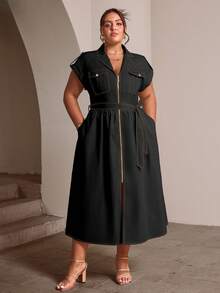 Sollinarry 大码女装春夏新款拉链口袋装饰长裙，时尚通勤装、办公室女装、教师装，优雅黑色 - 黑色 - 查看 4