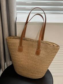 1pc Large Capacity Khaki Woven Zipper Tote Bag With Dual Shoulder Straps, Straw Shoulder Bag For Travel, Vacation, Beach - Khaki - View 8