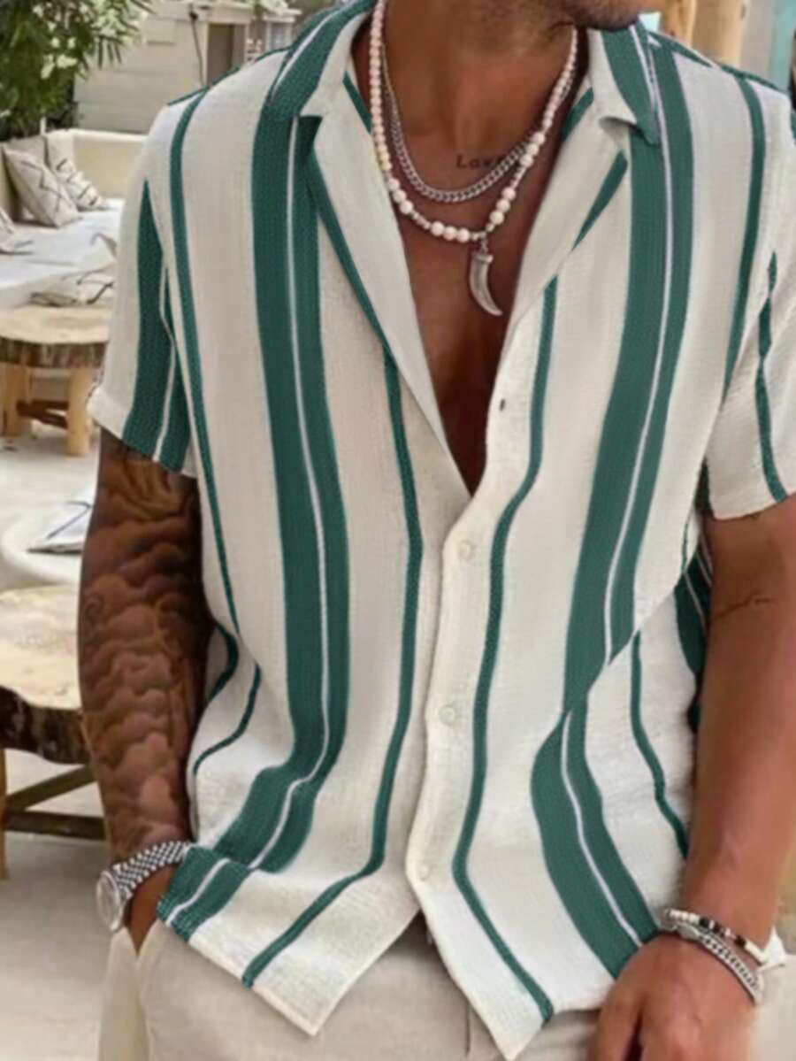 2025 Men's Comfortable Casual Vacation Striped Color Block Short Sleeve Shirt, Spring/Summer - Green - View 1