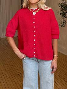 Women Short Sleeve Cardigan Button Down Open Front Knit Crew Neck Sweater Tops Oversized Lightweight Cardigans - Red - View 3