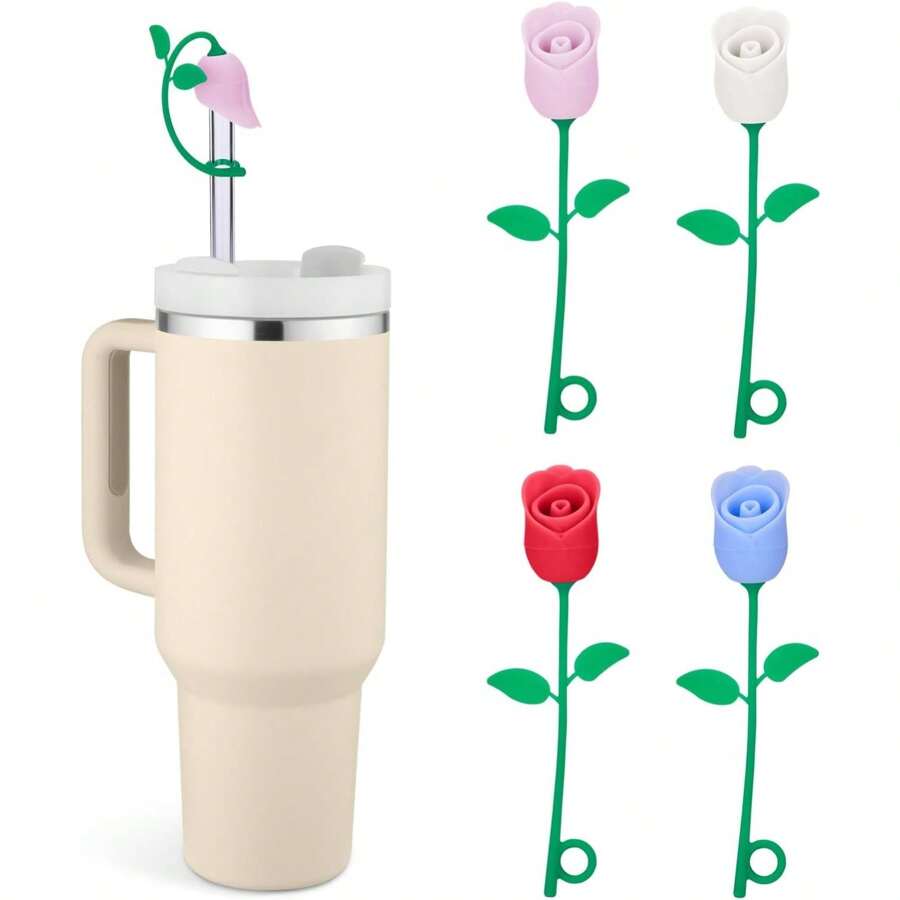 Straw Toppers For  Cup, Cute Straw Cover Cap Compatible With 20 30 40 Oz Tumbler And Water Bottles, 6 8 10mm Straws Accessories, 2Pcs Silicone Rose Flower For Women Girls Friends Gift (Pink)