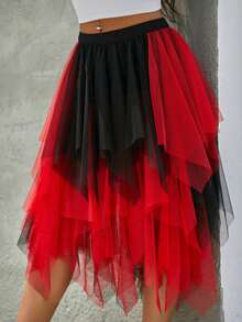 Women Fashion Midi Skirts Contrast Color/Solid Color Elastic High Waist Irregular Ruffles Multi-Layered Tulle Tutu Skirts - Red and Black - View 6
