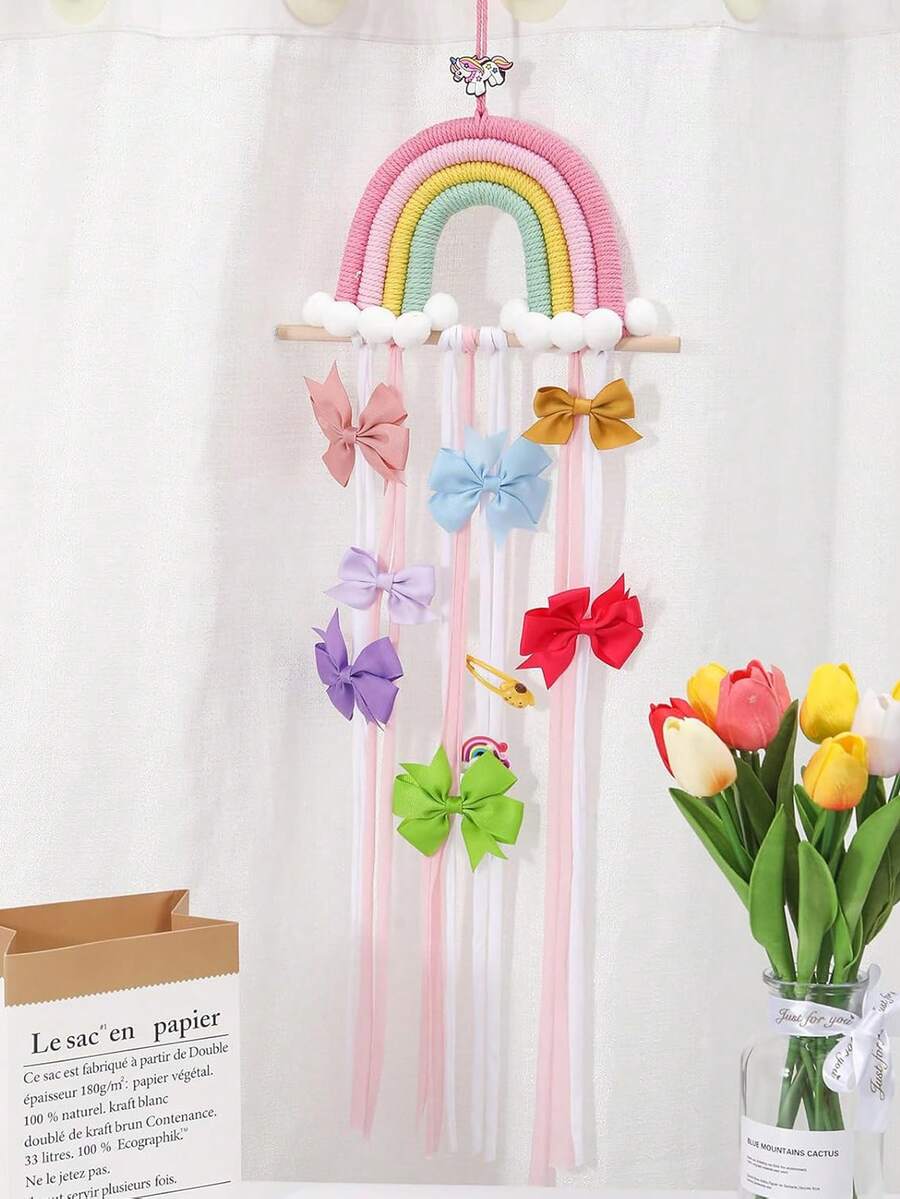 1 Stück handgewebter Haarspangen Aufbewahrungsgürtel, regenbogenförmiger Haaraccessoires Aufbewahrungsrahmen, Haaraccessoires Organizer Rack für Schmuck, Haarspangen, Make-up Organizer, Wanddekoration, für Tür, Schrank - Mehrfarbiger Regenbogen - Übersicht 1