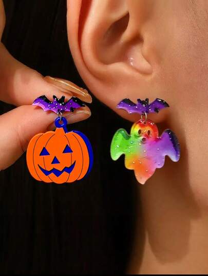 1 Pair Halloween Ghost, Pumpkin, Bat Acrylic Earrings For Women, Fashion
