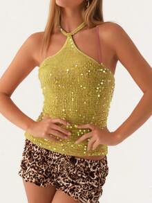 Women's Sequin Halter Neck Knit Tank Tops Shiny Sequin Sleeveless Backless Slim Fit Crop Vest Summer Top - 黃色 - 查看 2
