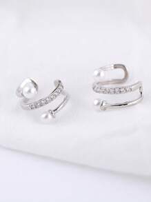 1 Pair Minimalist Fashionable Dual-Layer Zirconia Pearl Clip-On Earrings, Geometric Ear Cuff Non-Pierced High-End Design, Versatile Elegant Style Earrings For Women, Suitable For Everyday Wear, Summer And Beach