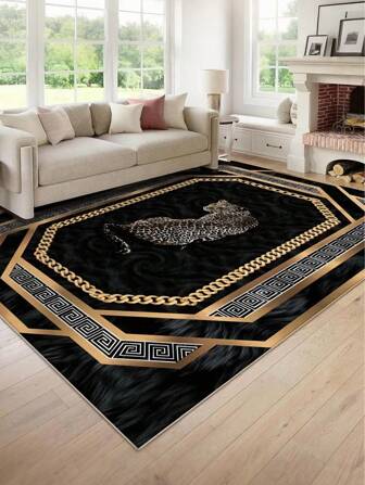 1pc Leopard Luxury Black Gold Area Rug, Creative Printed Carpet, Home Decor Room Supplies, Living Room Rug, Bedroom Rug, Entryway Rug, Comfortable And Dirt-Resistant, Easy To Clean