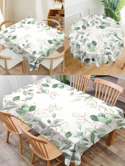 1pc Fresh Green Leaf & Golden Foil Printed Tablecloth, Modern Polyester Rectangular/Round Water Repellent Tablecloth, Digital Printing, Suitable For Living Room, Home, Outdoor Dining, Small Round Tables, Fall Decor, Autumn Decor, Room Decor
