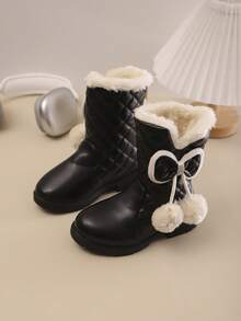 Mädchen Hohe Stiefel für Herbst/Winter, Neues Design mit warmem Plüsch, Schleifen-Dekor, Strass, modisch elegant minimalistisch, dick und warm, Schul-Stil