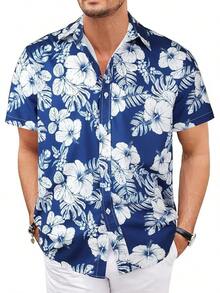 Mens Hawaiian Floral Shirts Button Down Tropical Holiday Beach Shirtshalloween - B Dark Blue Flowers - View 11