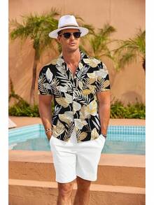 Mens Hawaiian Shirt Short Sleeve Floral Button Down Shirts Tropical Summer Beach Shirts Camp Collar Shirthalloween - 黑色-棕櫚葉 - 查看 7