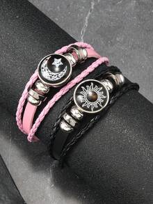 1pc/Set Vintage Punk Style Moon & Sun Lovers PU Leather Braided Multilayer Beaded Bracelet, Couples Gift - Multicolor - View 1