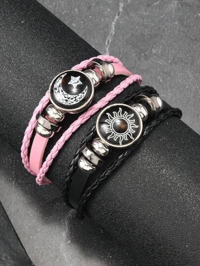 1pc/Set Vintage Punk Style Moon & Sun Lovers PU Leather Braided Multilayer Beaded Bracelet, Couples Gift
