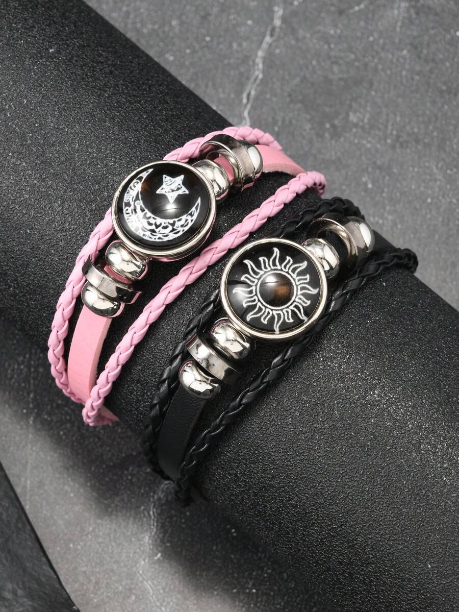 1pc/Set Vintage Punk Style Moon & Sun Lovers PU Leather Braided Multilayer Beaded Bracelet, Couples Gift - Multicolor - View 1