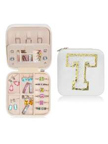 1pc Portable Travel Jewelry Box, Custom Lettered (A-Z) Organizer, Multi-Layer Jewelry Case With Mirror And Makeup Brush Holder, Suitable For Rings, Necklaces For Women Storage Organizer Travel Essentials Back To School Dormitory Storage