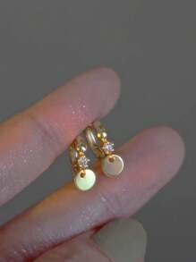 1 Pair Minimalist Creative Gold-Plated, Luxury Rhinestone Decorated 925 Sterling Silver Round Disc Stud Earrings, Suitable For Women's Daily And Vacation Wear