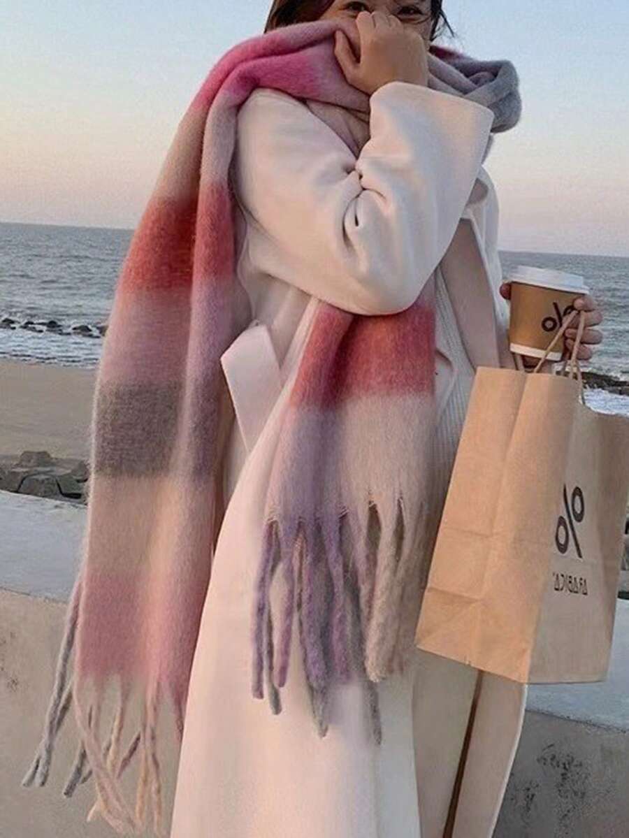 1件女款甜美可愛迷你美拉德色系仿羊絨保暖柔軟圍巾，適合秋冬日常通勤、戶外、居家、旅行，節日禮物